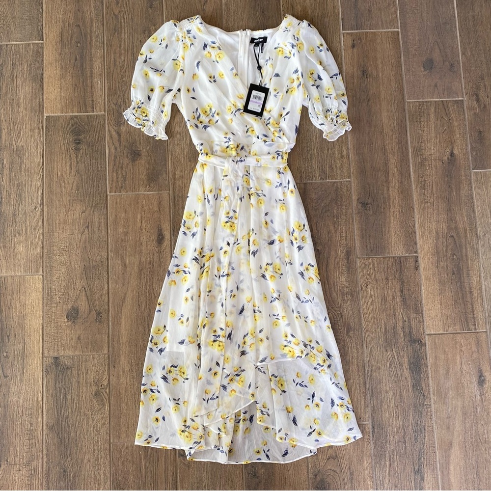 New DKNY Dress 6 White Yellow Floral V-neck Wrap Chiffon Midi Lined NWT $129